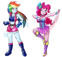 Size: 1913x1760 | Tagged: safe, artist:danmakuman, edit, pinkie pie, rainbow dash, equestria girls, armpits, boots, bracelet, breasts, cleavage, clothes, costume, duo, fall formal outfits, female, hat, high heel boots, jewelry, lesbian, pinkiedash, shipping, shoes, simple background, sports bra, top hat, white background