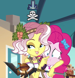 Size: 1437x1493 | Tagged: safe, edit, edited screencap, screencap, pinkie pie, vignette valencia, equestria girls, equestria girls specials, g4, my little pony equestria girls: better together, my little pony equestria girls: rollercoaster of friendship, boop, cropped, discovery family logo, geode of sugar bombs, headlock, magical geodes, personal space invasion, runescape, scrunchy face, stranger danger