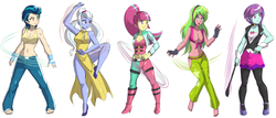 Size: 4750x2029 | Tagged: safe, artist:danmakuman, edit, indigo zap, lemon zest, sour sweet, sugarcoat, sunny flare, human, equestria girls, g4, armpits, barefoot, belly button, breasts, busty indigo zap, busty lemon zest, busty shadow five, busty sour sweet, busty sugarcoat, busty sunny flare, cheongsam, cleavage, clothes, commission, dress, eyeshadow, feet, female, fingerless gloves, flats, front knot midriff, gloves, hand on hip, high heels, looking at you, makeup, martial arts, midriff, non-shipping, open mouth, pants, raised eyebrow, raised leg, schrödinger's pantsu, sexy, shadow five, shoes, side slit, sideboob, simple background, sleeveless, smiling, socks, sports bra, stupid sexy lemon zest, thigh highs, total sideslit, whip, white background
