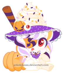 Size: 480x550 | Tagged: safe, artist:yokokinawa, oc, oc only, oc:magic sprinkles, pony, bow, chibi, food, halloween, halloween costume, heart eyes, holiday, jack-o-lantern, patch, pumpkin, simple background, solo, sprinkles, tongue out, transparent background, wingding eyes