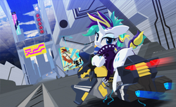 Size: 2000x1214 | Tagged: safe, artist:satv12, autumn blaze, rarity, kirin, pony, unicorn, g4, sounds of silence, :p, alternate hairstyle, clothes, cyberpunk, cyberpunk 2077, dock, eyeshadow, female, hoverbike, jacket, japanese, kirin beer, lineless, looking back, makeup, mare, punk, raripunk, signature, silly, solo, tongue out