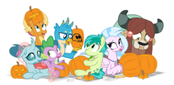 Size: 1300x640 | Tagged: safe, artist:dm29, gallus, ocellus, sandbar, silverstream, smolder, spike, yona, changedling, changeling, classical hippogriff, dragon, earth pony, griffon, hippogriff, pony, yak, g4, cutie mark, dragoness, female, halloween, holiday, jewelry, male, necklace, newspaper, nightmare night, pumpkin, pumpkin carving, simple background, student six, tongue out, transparent background
