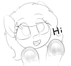 Size: 1212x1118 | Tagged: safe, artist:smoldix, oc, oc only, oc:filly anon, earth pony, pony, against glass, bust, dialogue, female, filly, fourth wall, fourth wall pose, frog (hoof), glass, grayscale, hi, looking at you, monochrome, open mouth, simple background, solo, underhoof, white background