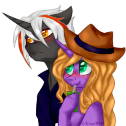 Size: 1024x1024 | Tagged: safe, artist:kimyowolf, oc, oc only, oc:acadernia, oc:rapid fang, pony, unicorn, female, hat, male, mare, simple background, stallion, transparent background