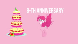 Size: 1920x1080 | Tagged: safe, pinkie pie, earth pony, pony, g4, my little pony: the movie, birthday, cake, female, food, happy birthday mlp:fim, mare, marzipan mascarpone meringue madness, mlp fim's eighth anniversary, mlp fim's seventh anniversary, pink background, simple background, solo