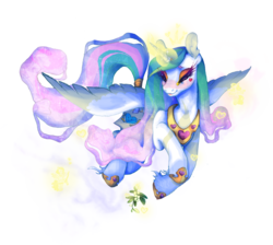 Size: 1280x1148 | Tagged: safe, artist:ipoloarts, princess celestia, pony, g4, blushing, covered cutie mark, female, flying, glowing horn, heart, horn, jewelry, lidded eyes, magic, mare, mistletoe, regalia, simple background, solo, tail wrap, telekinesis, transparent background