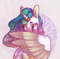 Size: 528x518 | Tagged: safe, artist:ipoloarts, princess celestia, alicorn, pony, g4, blushing, colored wings, covered face, cute, cutelestia, female, horn, horn ring, mare, missing accessory, no pupils, solo, watercolor painting