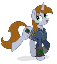 Size: 506x565 | Tagged: safe, artist:dijhojee, oc, oc only, oc:littlepip, pony, unicorn, fallout equestria, clothes, cutie mark, fallout, fanfic, fanfic art, female, hooves, horn, jumpsuit, mare, open mouth, pipbuck, simple background, solo, transparent background, vault suit