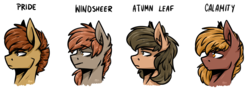 Size: 5328x1933 | Tagged: safe, artist:lrusu, oc, oc only, oc:calamity, oc:colonel autumn leaf, oc:pride (foe), oc:windsheer, pegasus, pony, fallout equestria, bust, dashite, ear fluff, fanfic, fanfic art, grand pegasus enclave, male, portrait, simple background, stallion, text, white background