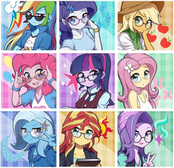 Size: 878x850 | Tagged: safe, artist:caibaoreturn, applejack, fluttershy, pinkie pie, rainbow dash, rarity, sci-twi, starlight glimmer, sunset shimmer, trixie, twilight sparkle, equestria girls, adorkable, anime, barrette, beanie, blushing, book, bracelet, cardigan, china ponycon, clothes, cowboy hat, crossed arms, crystal prep academy uniform, cute, cutie mark background, cutie mark on clothes, dashabetes, diapinkes, diatrixes, dork, dress, female, freckles, glasses, glasses rarity, glimmerbetes, hairclip, hairpin, hat, hoodie, humane five, humane seven, humane six, jackabetes, jacket, jewelry, looking at you, magical quartet, magical quintet, mane six, meganekko, necktie, nonet, open mouth, peace sign, ponytail, pose, raribetes, rarity's glasses, school uniform, selfie, shimmerbetes, shirt, shyabetes, smiling, specs appeal, stetson, sunglasses, sunspecs shimmer, sweatband, tanktop, twiabetes, uniform, vest, wristband