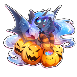 Size: 2200x2200 | Tagged: safe, artist:koveliana, princess luna, alicorn, pony, g4, bat wings, clothes, female, halloween, happy, high res, holiday, jack-o-lantern, mare, pumpkin, simple background, socks, solo, striped socks, sweet dreams fuel, transparent background, wings
