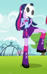 Size: 576x896 | Tagged: safe, screencap, twilight sparkle, equestria girls, g4, my little pony equestria girls, clothes, cropped, female, football, leg warmers, ouch, pleated skirt, shoes, skirt, sports, twilight sparkle (alicorn)