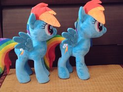 Size: 1024x768 | Tagged: safe, artist:nekokevin, rainbow dash, pegasus, pony, g4, cute, duality, female, irl, mare, photo, plushie, smiling, solo, spread wings, wings