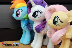 Size: 1200x800 | Tagged: safe, artist:nekokevin, fluttershy, rainbow dash, rarity, pegasus, pony, unicorn, g4, cute, female, irl, mare, photo, plushie, smiling, spread wings, trio, watermark, wings