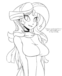 Size: 647x795 | Tagged: dead source, safe, artist:reiduran, sunset shimmer, equestria girls, g4, breasts, busty sunset shimmer, choker, clothes, female, looking at you, monochrome, pussytivity, simple background, smiling, text, white background