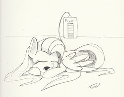 Size: 2479x1954 | Tagged: safe, artist:taurson, fluttershy, pegasus, pony, g4, charging, eyes closed, female, inktober, inktober 2018, mare, monochrome, open mouth, power bank, prone, sleeping, solo, traditional art, wings