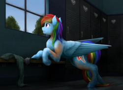 Size: 1000x734 | Tagged: safe, artist:geoffrey mcdermott, rainbow dash, pegasus, pony, g4, female, folded wings, glowing cutie mark, human to pony, large wings, looking out the window, mare, mid-transformation, smiling, solo, transformation, wings, wonderbolts headquarters