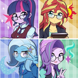 Size: 555x555 | Tagged: safe, artist:caibaoreturn, edit, sci-twi, starlight glimmer, sunset shimmer, trixie, twilight sparkle, equestria girls, g4, adorkable, anime, barrette, beanie, book, clothes, crystal prep academy uniform, cute, cutie mark background, diatrixes, dork, dress, female, glasses, glimmerbetes, group, hairclip, hairpin, hat, hoodie, jacket, looking at you, magical quartet, meganekko, necktie, open mouth, peace sign, ponytail, quartet, school uniform, shimmerbetes, shirt, smiling, sunspecs shimmer, twiabetes, uniform, vest