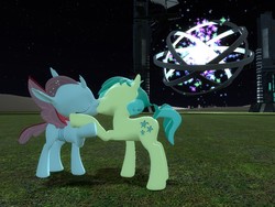 Size: 1024x768 | Tagged: safe, artist:ma3a, derpibooru exclusive, ocellus, sandbar, changedling, changeling, pony, g4, 3d, contact, eyes closed, gmod, grass, implied infidelity, kiss on the lips, kissing, machine, machine saga timeline, night, portal, ring, ship:ocelbar, shipping