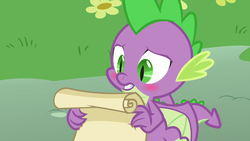 Size: 1280x720 | Tagged: safe, screencap, spike, dragon, father knows beast, g4, blushing, male, solo, winged spike, wings