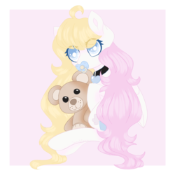 Size: 1422x1422 | Tagged: safe, artist:inochizuna, oc, oc only, pegasus, pony, collar, female, mare, pacifier, solo, teddy bear