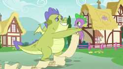 Size: 1280x720 | Tagged: safe, screencap, sludge (g4), spike, dragon, father knows beast, g4, male, winged spike, wings