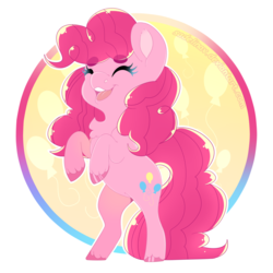 Size: 900x900 | Tagged: safe, artist:sadelinav, pinkie pie, earth pony, pony, g4, beanbrows, circle background, cute, cutie mark background, diapinkes, eyebrows, eyes closed, female, hoof polish, kidcore, mare, open mouth, rearing, simple background, smiling, solo, transparent background, unshorn fetlocks
