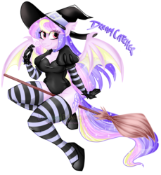 Size: 2083x2272 | Tagged: safe, artist:nekomellow, oc, oc only, oc:dream catcher (nekomellow), bat pony, anthro, bat pony oc, breasts, broom, clothes, female, flying, flying broomstick, halloween, hat, heart, heart eyes, high res, holiday, leotard, simple background, socks, solo, striped socks, transparent background, wingding eyes, witch, witch hat
