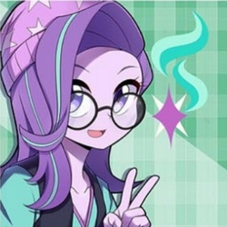 Size: 720x720 | Tagged: safe, artist:caibaoreturn, edit, starlight glimmer, equestria girls, equestria girls specials, g4, my little pony equestria girls: mirror magic, beanie, cropped, cute, cutie mark, female, glasses, glimmerbetes, hat, looking at you, peace sign, solo