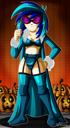 Size: 800x1463 | Tagged: safe, artist:xjkenny, dj pon-3, vinyl scratch, equestria girls, g4, boots, bra, breasts, cleavage, clothes, coat, female, garter belt, halloween, holiday, jack-o-lantern, panties, pumpkin, shoes, smiling, socks, solo, sunglasses, thigh boots, thigh highs, underwear