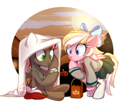 Size: 800x660 | Tagged: safe, artist:cabbage-arts, oc, oc only, oc:bay breeze, oc:mahx, pegasus, pony, bahx, bow, commission, commissioner:emberslament, duo, female, hair bow, halloween, halloween costume, holiday, i got a rock, male, my hero academia, rock, simple background, transparent background, u.a. high school uniform