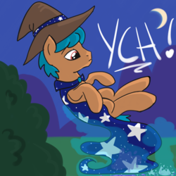 Size: 2100x2100 | Tagged: safe, artist:lannielona, pony, advertisement, broken glass, cape, clothes, commission, hat, high res, levitation, magic, male, moon, night, sketch, solo, stallion, stars, telekinesis, wizard, wizard hat, your character here