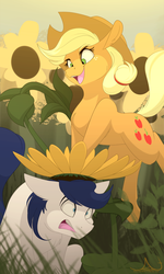 Size: 1200x2000 | Tagged: safe, artist:noxartbox, applejack, oc, oc:constance everheart, earth pony, pony, g4, canon x oc, commission, cowboy hat, everjack, female, flower, hat, male, mare, open mouth, playing, scenery, shipping, stallion, straight, sunflower