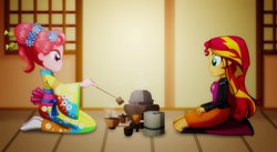 Size: 1600x877 | Tagged: safe, artist:jucamovi1992, sunset shimmer, oc, oc:flying cherry, equestria girls, g4, clothes, female, food, kimono (clothing), tea, tea ceremony