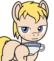 Size: 698x786 | Tagged: safe, artist:lucid_mane, oc, oc only, oc:lucid mane, earth pony, pony, cup, freckles, hoof hold, lidded eyes, male, simple background, smiling, smug, solo, teacup, vector