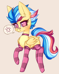 Size: 2000x2500 | Tagged: safe, artist:php172, oc, oc only, oc:overheat, pegasus, pony, bandage, bandaid, bandaid on nose, butt freckles, chest fluff, choker, clothes, ear fluff, ear freckles, female, freckles, grumpy, high res, mare, socks, solo, striped socks, thigh highs