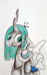 Size: 2044x3277 | Tagged: safe, artist:smirk, queen chrysalis, changeling, g4, duo, high res, smiling, traditional art