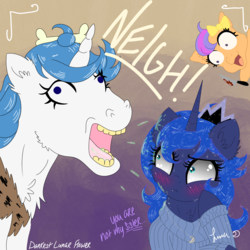 Size: 1280x1280 | Tagged: safe, artist:darkest-lunar-flower, majesty, princess luna, scootaloo (g3), alicorn, pony, unicorn, g1, g3, g3.5, g4, newborn cuties, 35th anniversary, :t, baby, baby pony, blood, bone, cave pony, cavemare, cheek fluff, chest fluff, commission, derp, ear fluff, female, filly, fluffy, frown, glare, hoers, knife, luna is not amused, majestic as fuck, male, mare, neigh, open mouth, prehistoric, smiling, spittle, stallion, unamused, wide eyes