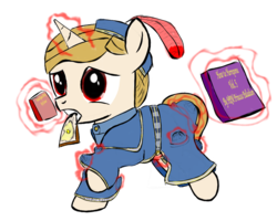 Size: 1256x1005 | Tagged: safe, artist:uncreative, oc, oc only, oc:regal inkwell, pony, book, clothes, hat, robe, running, school uniform, schoolgirl toast, simple background, solo, transparent background, uniform, younger