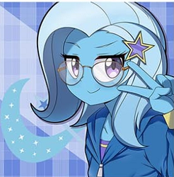 Size: 273x277 | Tagged: source needed, safe, artist:caibaoreturn, trixie, equestria girls, g4, clothes, cropped, cute, cutie mark background, diatrixes, female, glasses, hoodie, looking at you, peace sign, smiling, solo