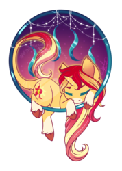 Size: 600x842 | Tagged: safe, artist:fuyusfox, sunset shimmer, classical unicorn, pony, unicorn, g4, cloven hooves, coat markings, colored hooves, cute, eyes closed, female, horn, leonine tail, long mane, mare, shimmerbetes, simple background, sleeping, socks (coat markings), solo, transparent background, watermark