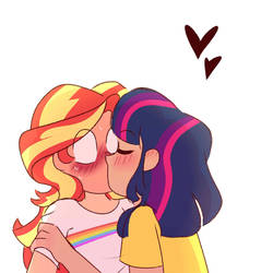 Size: 1280x1280 | Tagged: safe, artist:eereekuhh, sunset shimmer, twilight sparkle, equestria girls, g4, alternate clothes, alternate hairstyle, blushing, blushing profusely, cute, eyes closed, female, heart, human coloration, kissing, lesbian, shimmerbetes, ship:sunsetsparkle, shipping, simple background, surprise kiss, twiabetes