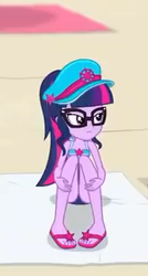 Size: 166x309 | Tagged: safe, screencap, sci-twi, twilight sparkle, equestria girls, equestria girls specials, g4, my little pony equestria girls: better together, my little pony equestria girls: forgotten friendship, clothes, cropped, feet, female, flip-flops, geode of telekinesis, glasses, hat, legs, ponytail, sandals, solo, swimsuit