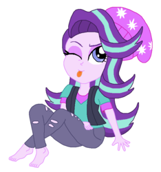 Size: 606x648 | Tagged: safe, artist:darkbrawlercf1994, starlight glimmer, equestria girls, equestria girls specials, g4, my little pony equestria girls: mirror magic, barefoot, beanie, cute, feet, glimmerbetes, hat, one eye closed, tongue out, wink