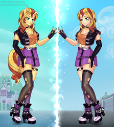Size: 891x1000 | Tagged: safe, artist:draltruist, sunset shimmer, human, unicorn, anthro, plantigrade anthro, equestria girls, g4, belly button, belt, boots, breasts, busty sunset shimmer, clothes, cutie mark, duality, female, high heel boots, human anthrodox, human coloration, humanized, jacket, leather, leather jacket, midriff, miniskirt, nail polish, shoes, skirt, socks, stockings, thigh highs, zettai ryouiki