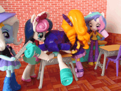 Size: 633x476 | Tagged: safe, artist:whatthehell!?, adagio dazzle, bon bon, princess celestia, principal celestia, rarity, sweetie drops, trixie, equestria girls, g4, abuse, animated, ass, butt, chair, classroom, clothes, cup, desk, doll, equestria girls minis, eqventures of the minis, hat, implied spanking, irl, merchandise, photo, raribuse, rearity, running, running in place, school, skirt, spanking, stop motion, theme park, toy, wat
