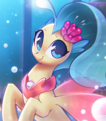 Size: 1100x1258 | Tagged: safe, artist:mirroredsea, princess skystar, seapony (g4), my little pony: the movie, bubble, cute, female, looking at you, skyabetes, smiling, solo, underwater