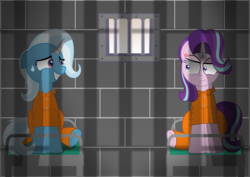 Size: 2120x1500 | Tagged: safe, artist:spellboundcanvas, starlight glimmer, trixie, pony, g4, bed, clothes, duo, horn, horn cap, jumpsuit, magic suppression, prison, prison outfit, prisoner, prisoner sg, prisoner tx