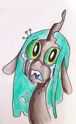 Size: 2066x3348 | Tagged: source needed, safe, artist:smirk, queen chrysalis, changeling, changeling queen, g4, bust, crying, female, floppy ears, high res, sad, solo, traditional art
