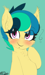 Size: 1350x2251 | Tagged: safe, artist:freefraq, oc, oc only, oc:apogee, pegasus, pony, blue background, blushing, cute, female, filly, freckles, signature, simple background, smiling, solo